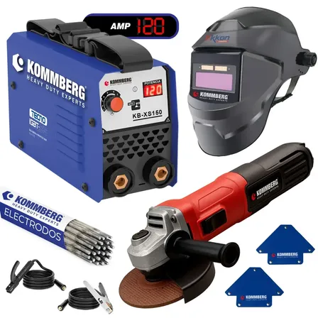Combo Soldadora Inverter 120a Xs150 Kommberg + Amoladora Angular 750w + Máscara Fotosensible + 2 Escuadras Magnéticas + Electrodos