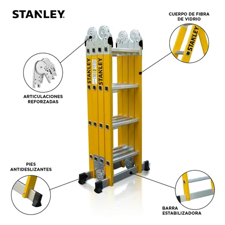 Escalera Articulada Dieléctrica Stanley 16 Escalones 4x4 Aluminio 150 Kg