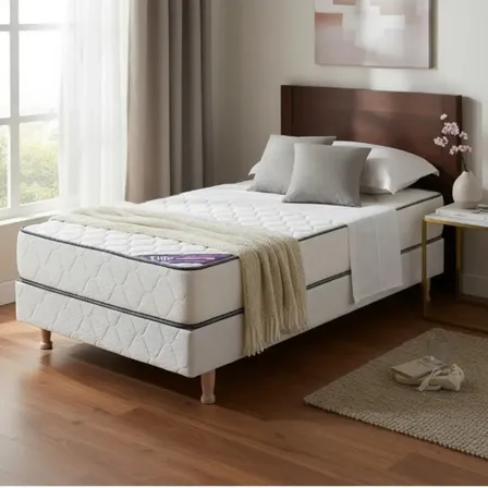 Sommier Colchon 1 1/2 Plaza Y Media Espuma Alta Densidad Color Beige