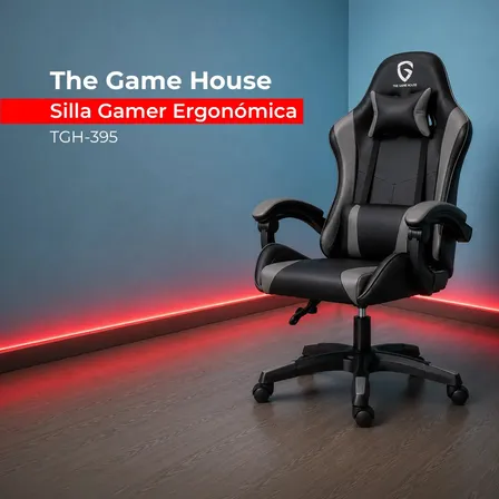 Silla Gamer Ergonómica The Game House D395 con Respaldo Reclinable y Altura Ajustable, Gris