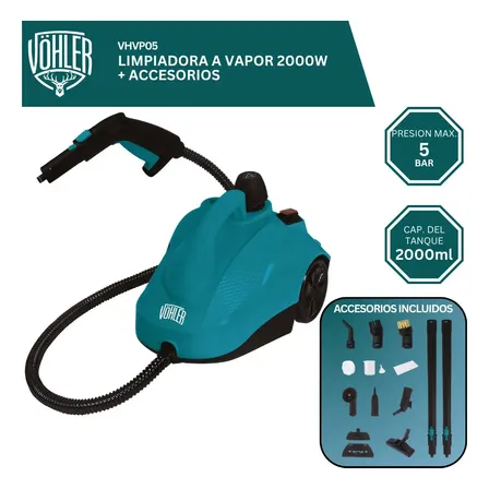 Limpiadora a Vapor Vöhler VHVP05 2000W Presión 5 Bar 2L Con Accesorios