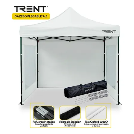 Gazebo Autoarmable Plegable Trent Reforzado 3x3 Metros Con Ventanas De Exterior Blanco